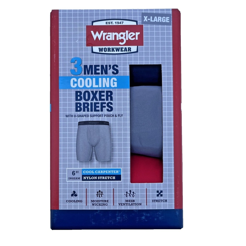 Men's Wrangler Workwear Cooling Boxer Briefs  3 Pack XL Black Grey Red